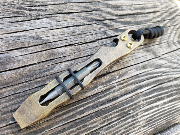 1/4 Thick Brass The Curve EDC Pocket Pry Bar Multitool - Tumbled Blackened